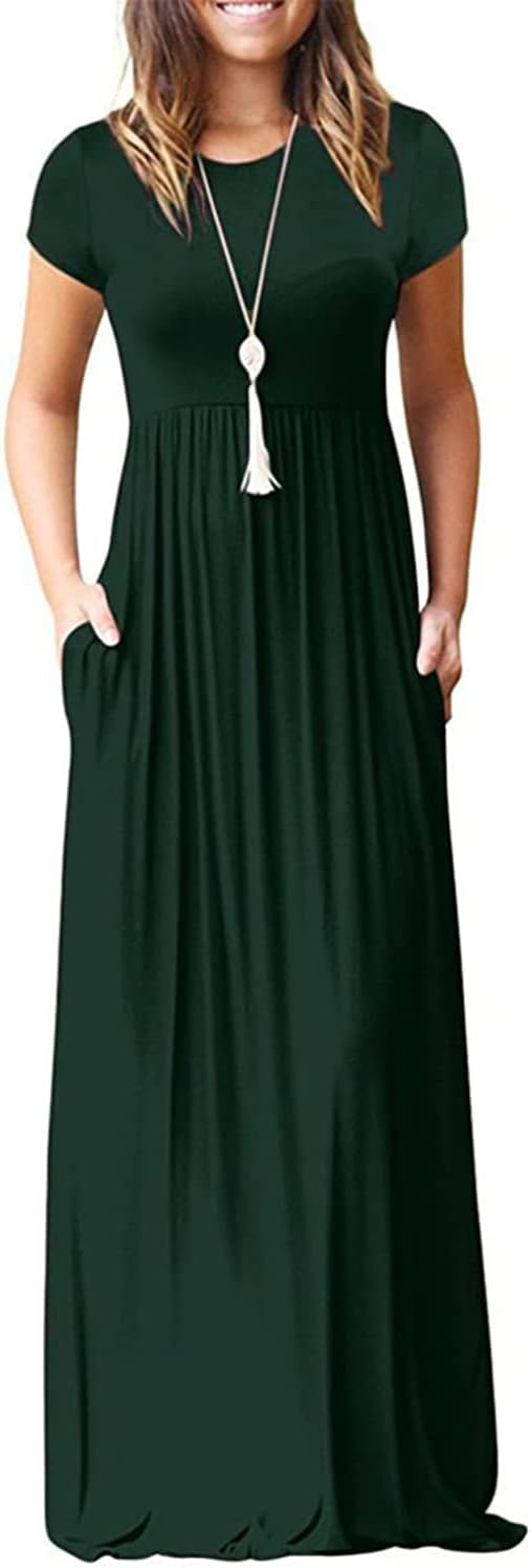 DEARCASE Maxi Dress for Women Short Sleeve Casual Summer Loose Plain Comfy Long Dresses with Pockets
