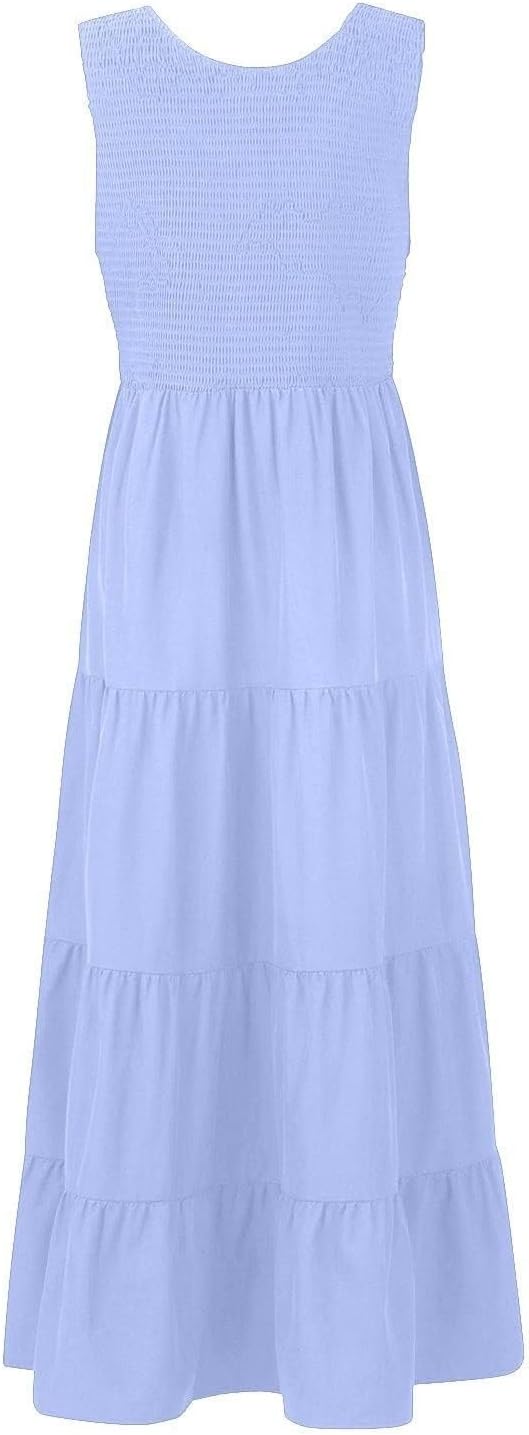 Women Summer Sleeveless Dressees Boho Maxi Dress Casual Smocked Square Neck Sundress a Line Beach Wedding Dresses