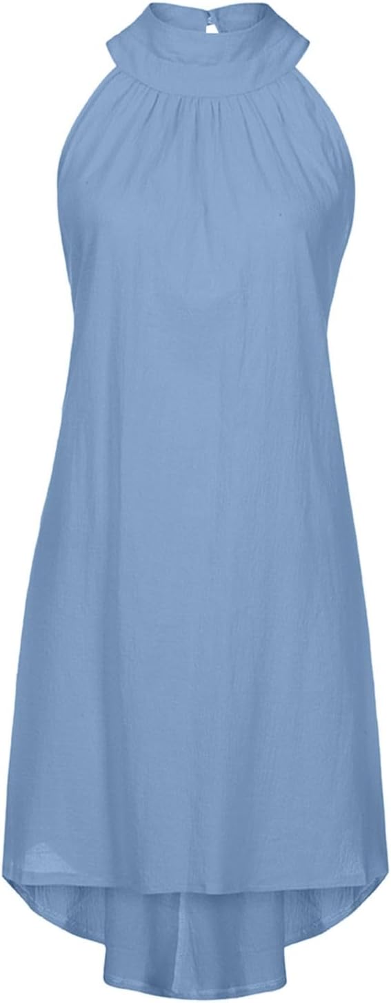Sun Dresses for Women 2025 Vacation Halter Neck Solid Summer Casual Sundress Elegant Pleated High Low Mini Dresses