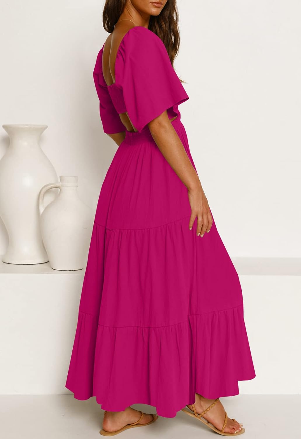 LEANI Women's 2025 Summer Cutout Maxi Dress Square Neck Short Sleeve Crossover Waist Casual Party Dresses