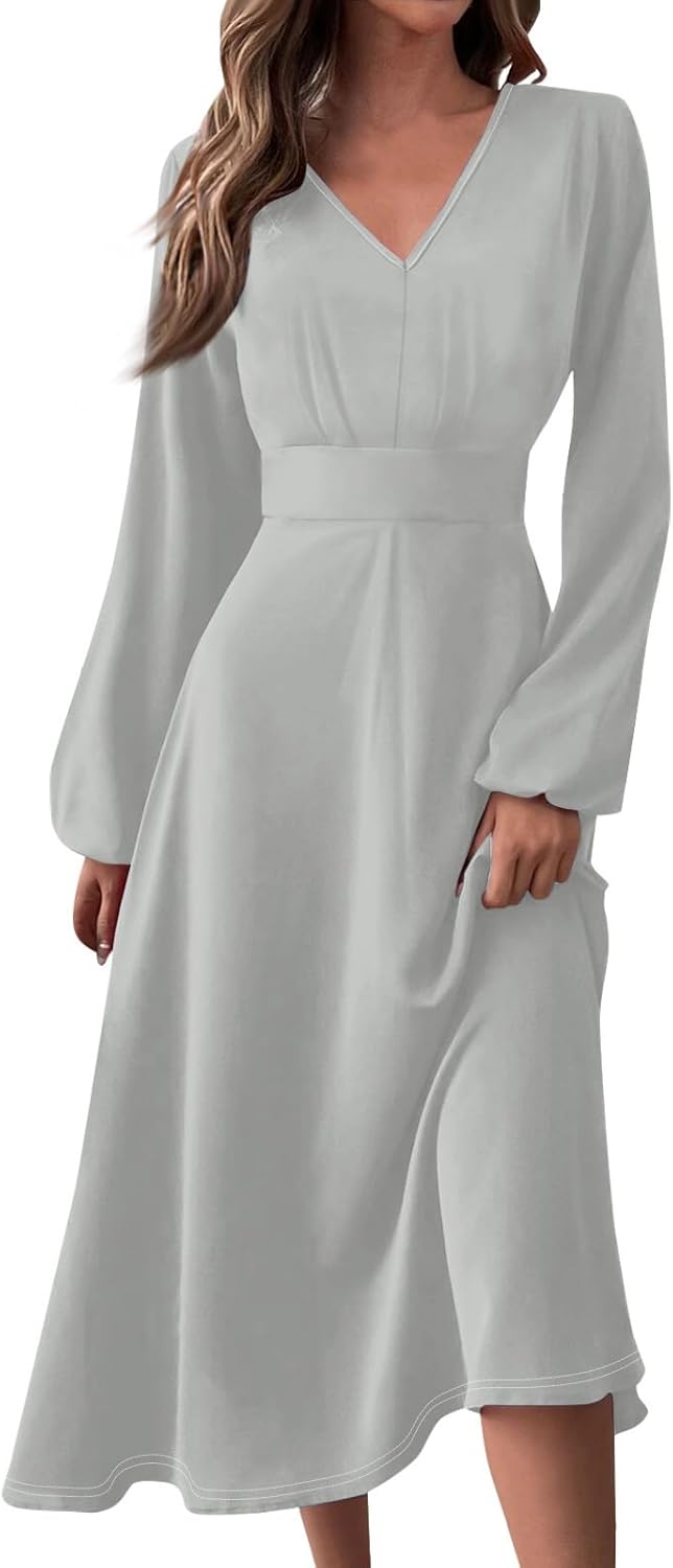 Women's Summer Elegant Cocktail Dress Solid Color Swing V-Neck Party Gown Dresses, S-2XL