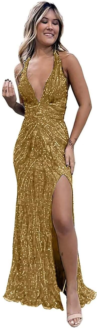 Beaded Evening Gown Deep V-Neck Mermaid Prom Dresses High Split Halter Formal Dress Sleeveless Bodycon Trumpet JS0011