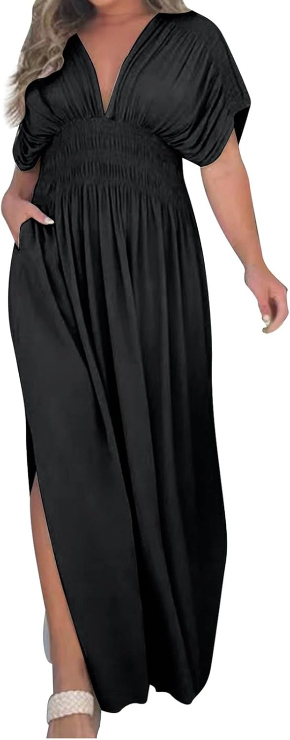 Women's Casual Maxi Dresses Ruffle Sleeve Smocked Dress High Waisted Plus Size Long Dresses Split Flowy Sundress