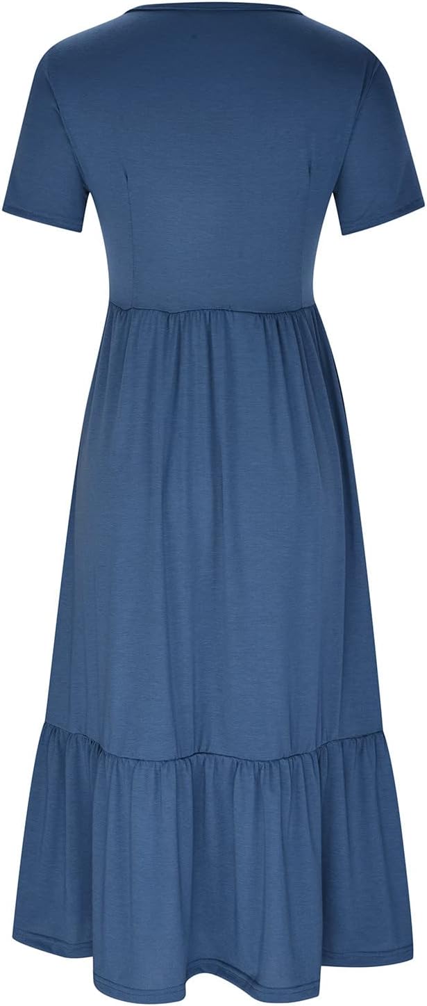 XUNRYAN Summer Dresses for Women 2024 Casual Calf Length Maxi Dress Pleated Flowy Tiered Swing Beach Sundress with Pockets