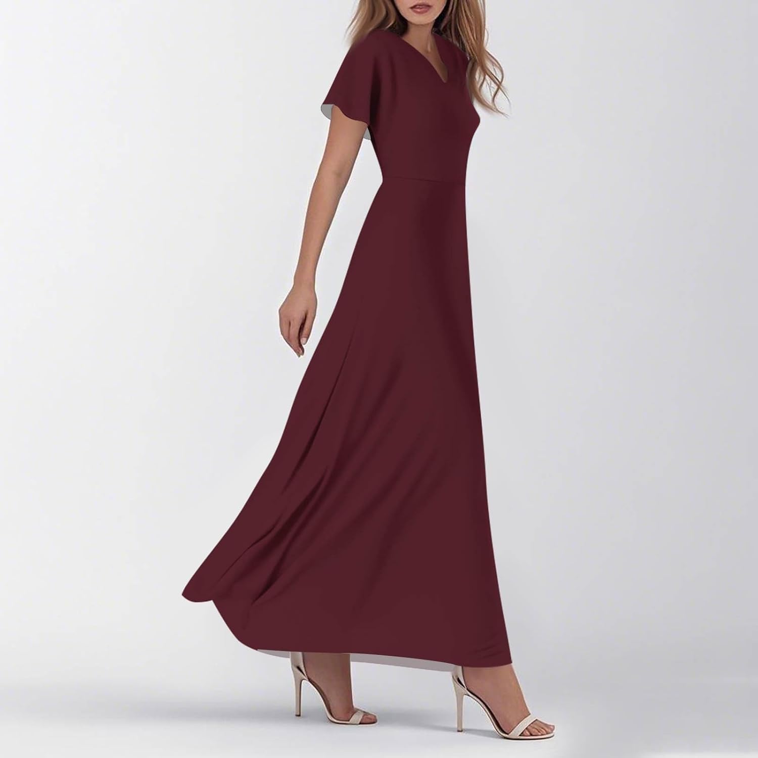 Womens Fashion V Neck Ruffle Short Sleeve Maxi Dress 2025 Summer Elegant Solid Color Flowy A Line Dresses