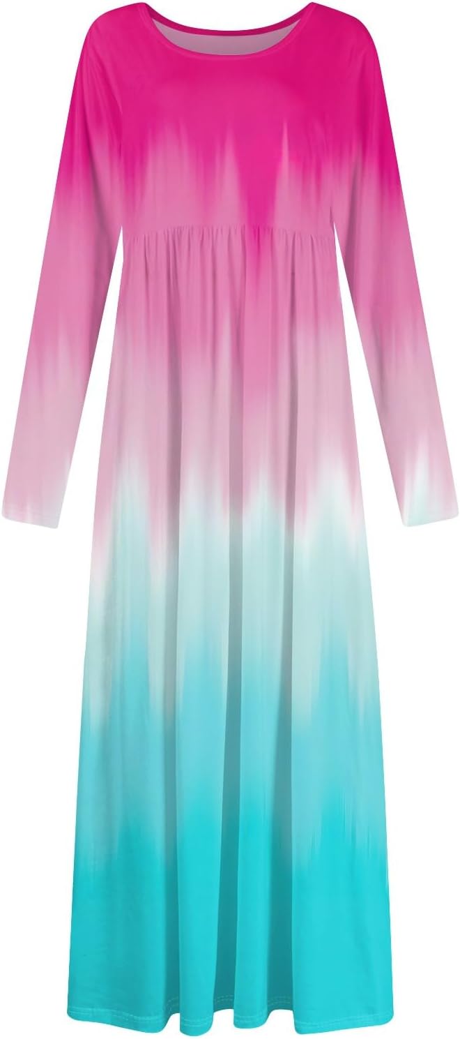 Long Sleeve Maxi Dress for Women Elegant Crew Neck Flowy Swing Dresses Solid Color Wedding Guest Dresses