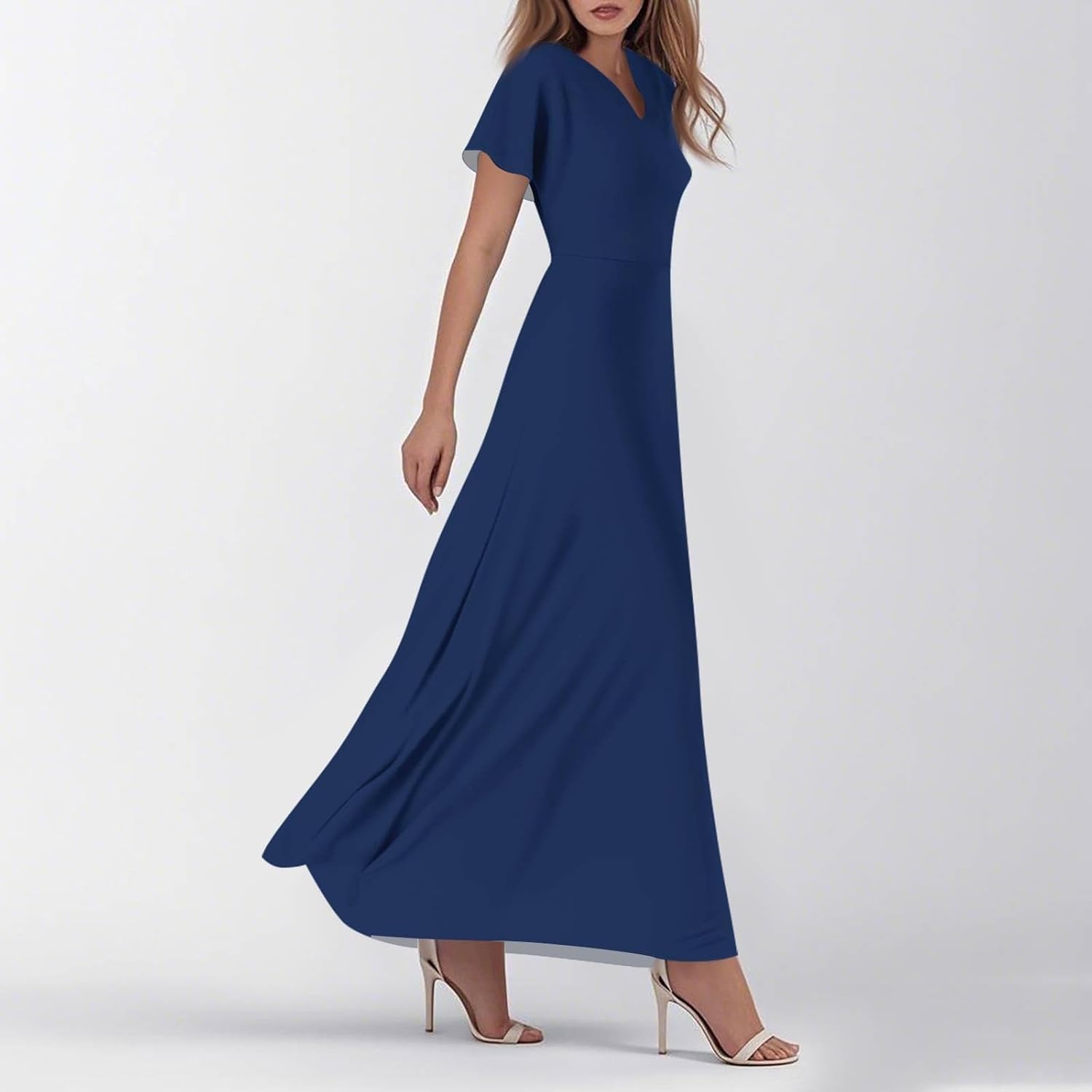 Womens Fashion V Neck Ruffle Short Sleeve Maxi Dress 2025 Summer Elegant Solid Color Flowy A Line Dresses