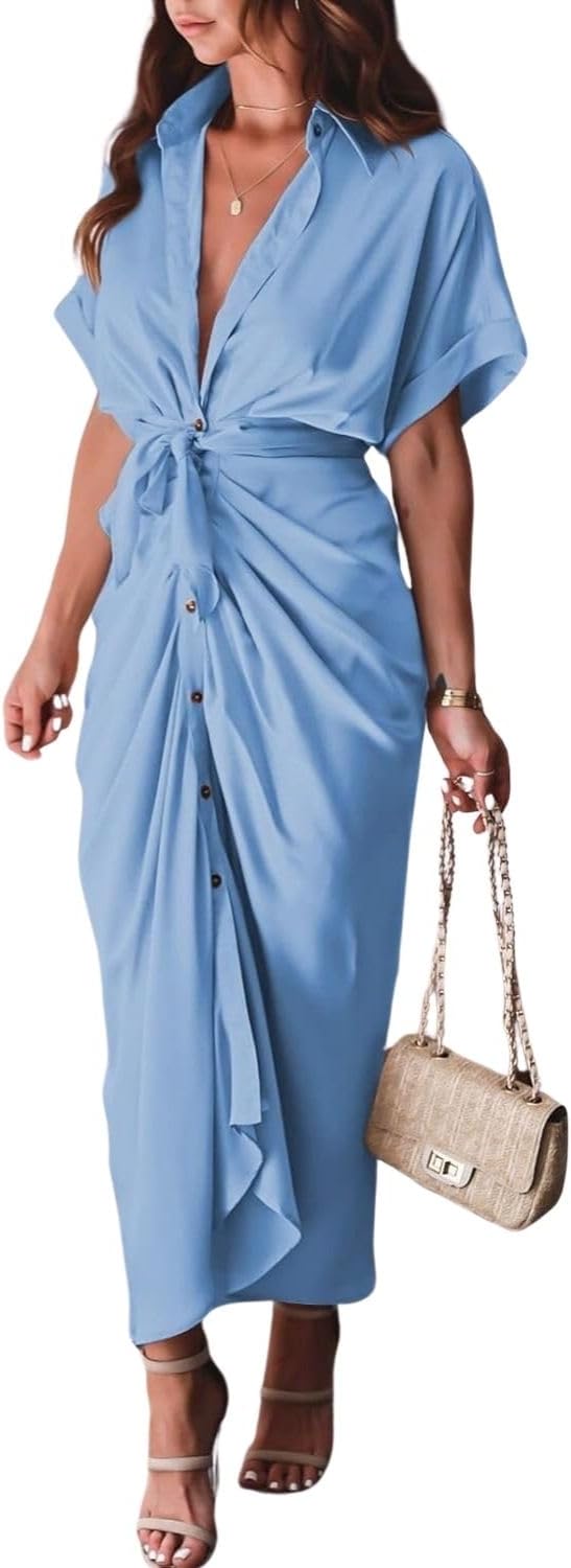 Women's Swing Classic Cute Maxi Ruched Breathable Shirt Dresses Bownot Slim Fitted Dress