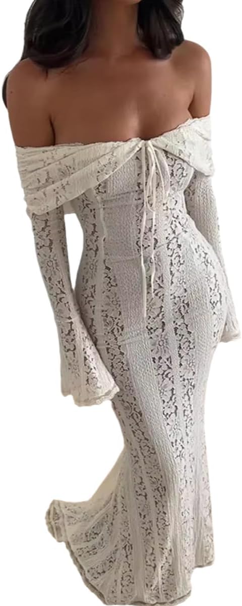 Autumn Elegant Off Shoulder Lace Maxi Dress White Women Long Sleeve Evening Party Dresses for Date Nights