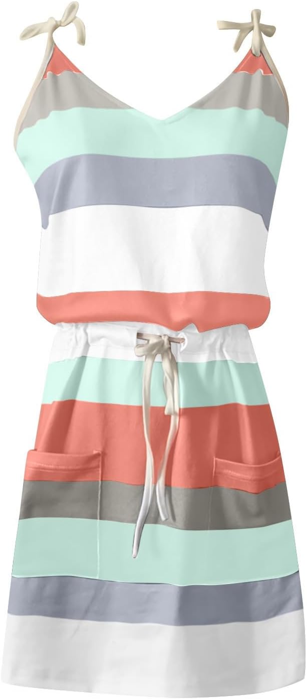 Women Summer Casual Striped Dress Drawstring Waist Tie Knot Mini Dresses Short Sleeve V Neck Tank Dress with Pocket