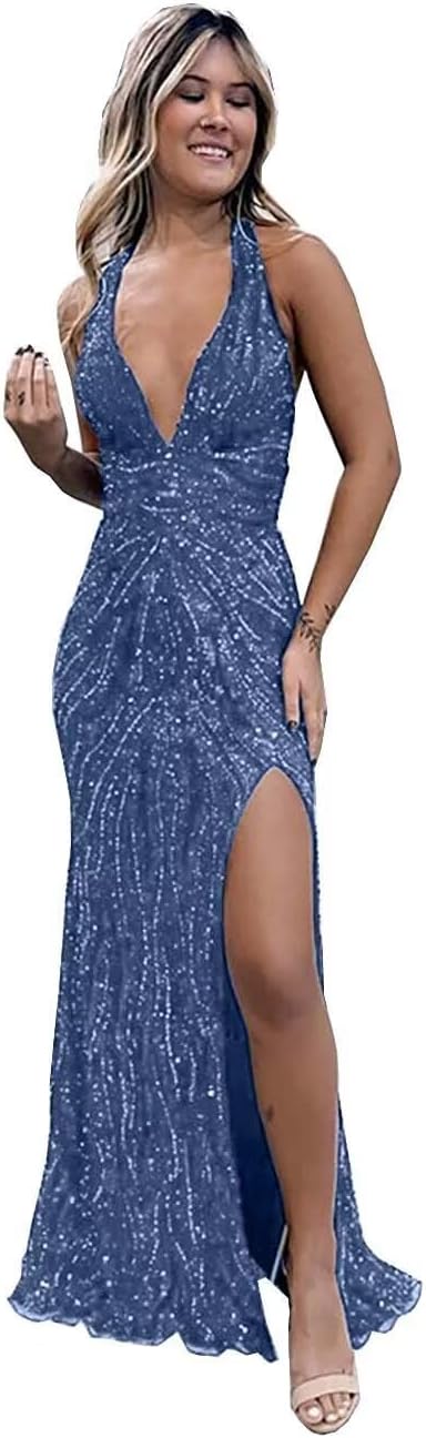 Beaded Evening Gown Deep V-Neck Mermaid Prom Dresses High Split Halter Formal Dress Sleeveless Bodycon Trumpet JS0011
