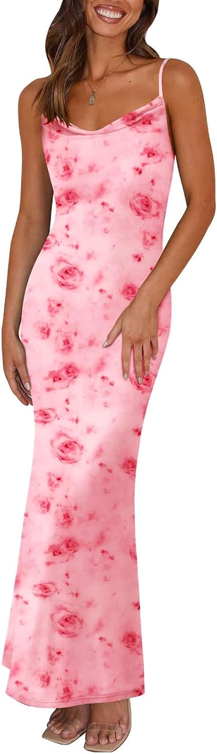 PRETTYGARDEN Women's 2025 Summer Floral Spaghetti Strap Maxi Dress Stretch Sexy Bodycon Dress Backless Slip Long Dresses