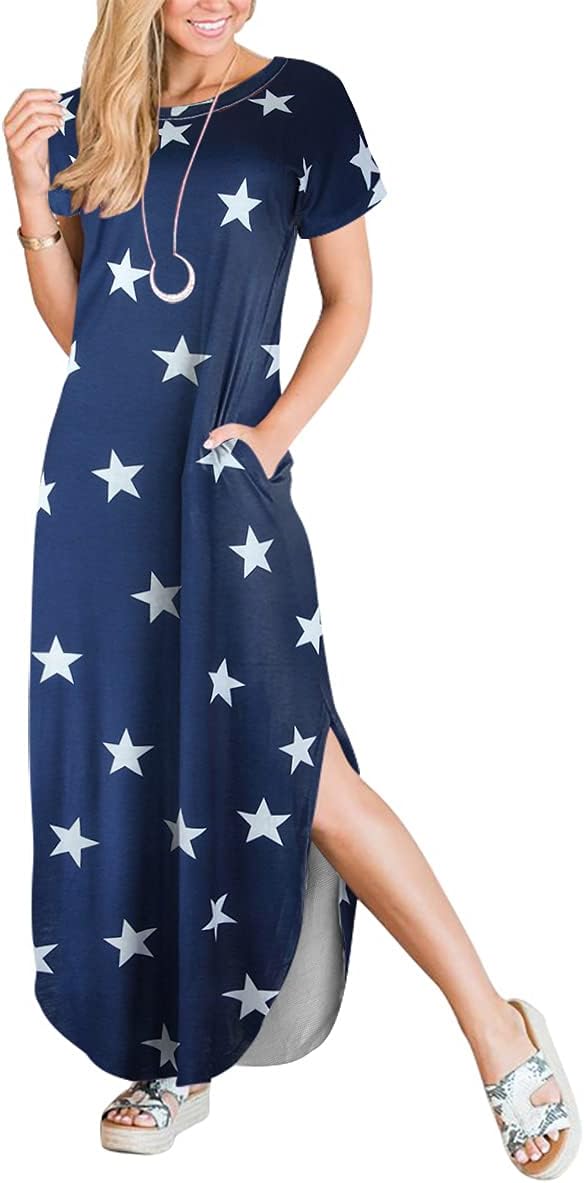 ANRABESS Women's Summer Casual Loose Short Sleeve Long T Shirt Dress Split Maxi Beach Sundress Travel Vacation Outfits