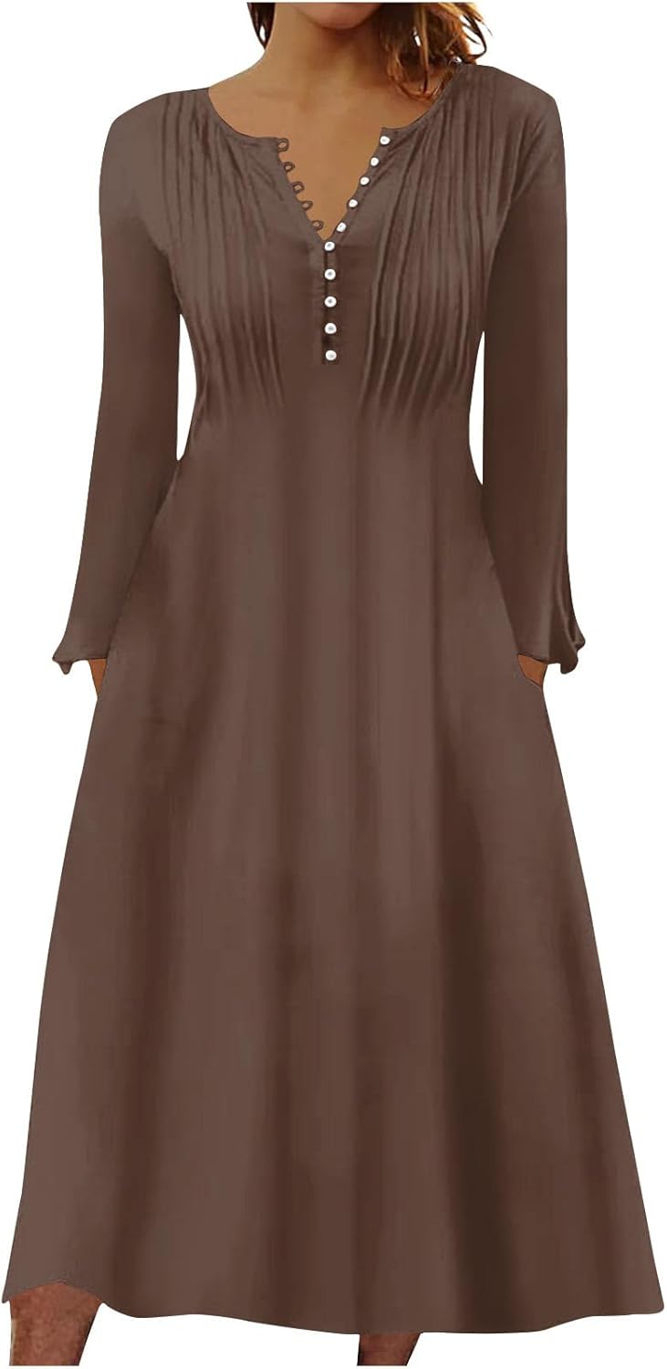 DOPOCQ Fall Women Dresses 2023 Long Sleeve V Neck Plus Size Maxi Dress Boho Dress High Waisted A-Line Dress with Pocket
