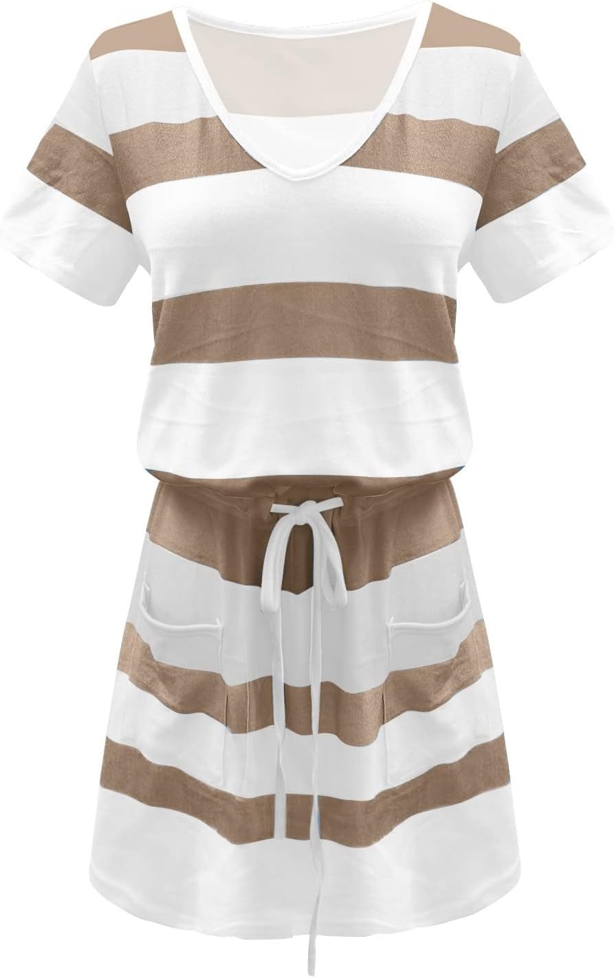 Women Summer Casual Striped Dress Drawstring Waist Tie Knot Mini Dresses Short Sleeve V Neck Tank Dress with Pocket