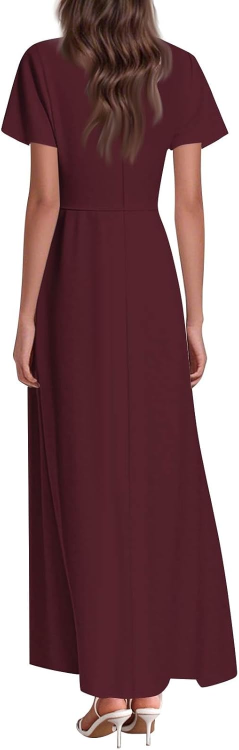 Womens Fashion V Neck Ruffle Short Sleeve Maxi Dress 2025 Summer Elegant Solid Color Flowy A Line Dresses