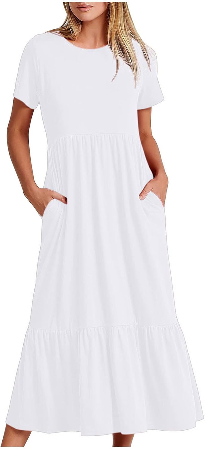 XUNRYAN Summer Dresses for Women 2024 Casual Calf Length Maxi Dress Pleated Flowy Tiered Swing Beach Sundress with Pockets