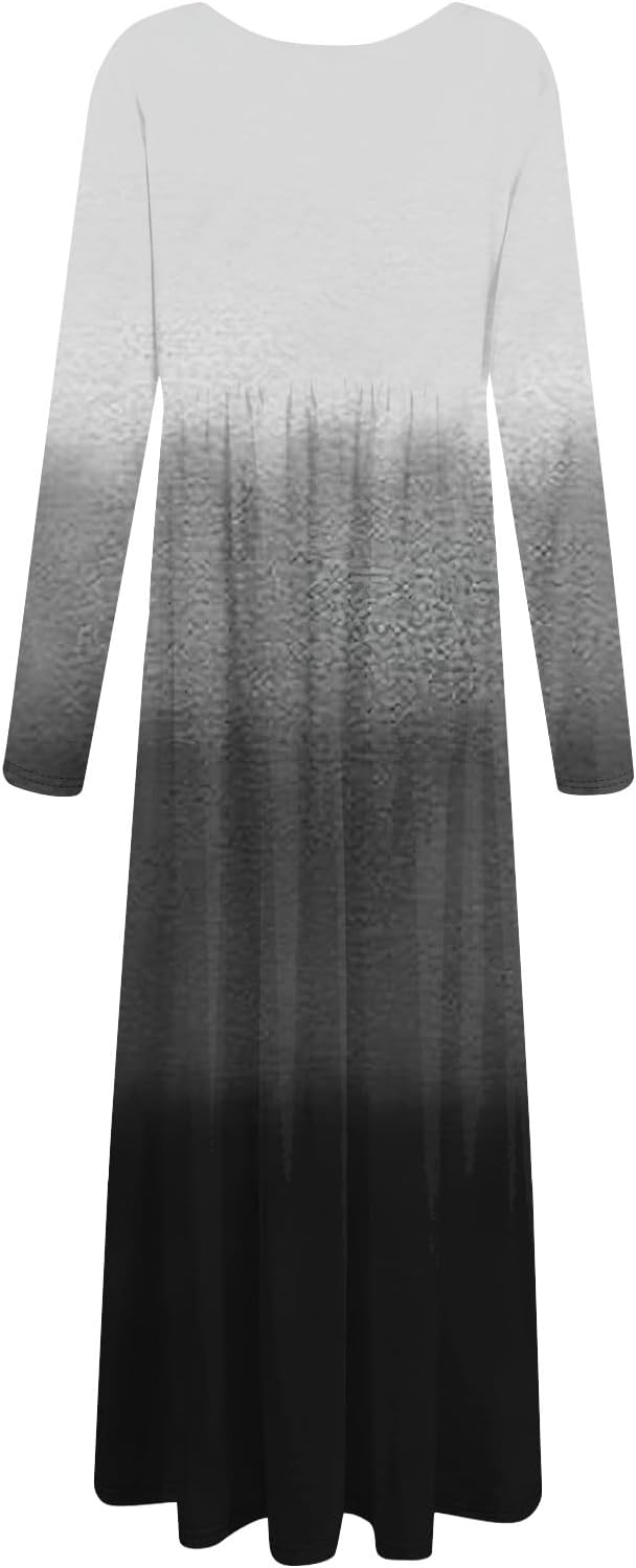Long Sleeve Maxi Dress for Women Elegant Crew Neck Flowy Swing Dresses Solid Color Wedding Guest Dresses