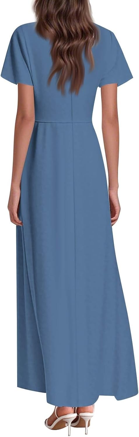 Womens Fashion V Neck Ruffle Short Sleeve Maxi Dress 2025 Summer Elegant Solid Color Flowy A Line Dresses