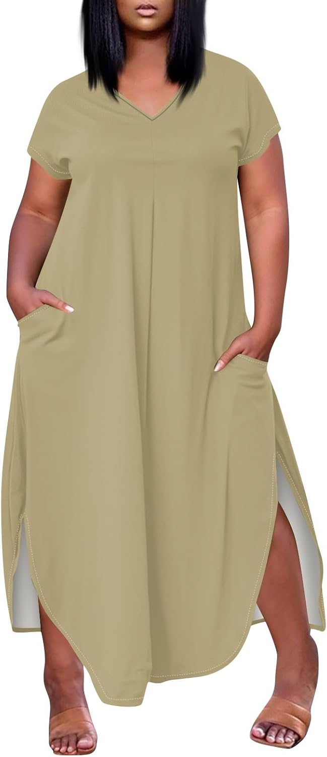 Maxi Dresses for Women 2025 Plus Size Tie Dye V Neck Dress Short Sleeve Side Split Beach Summer Sundress with Pocket