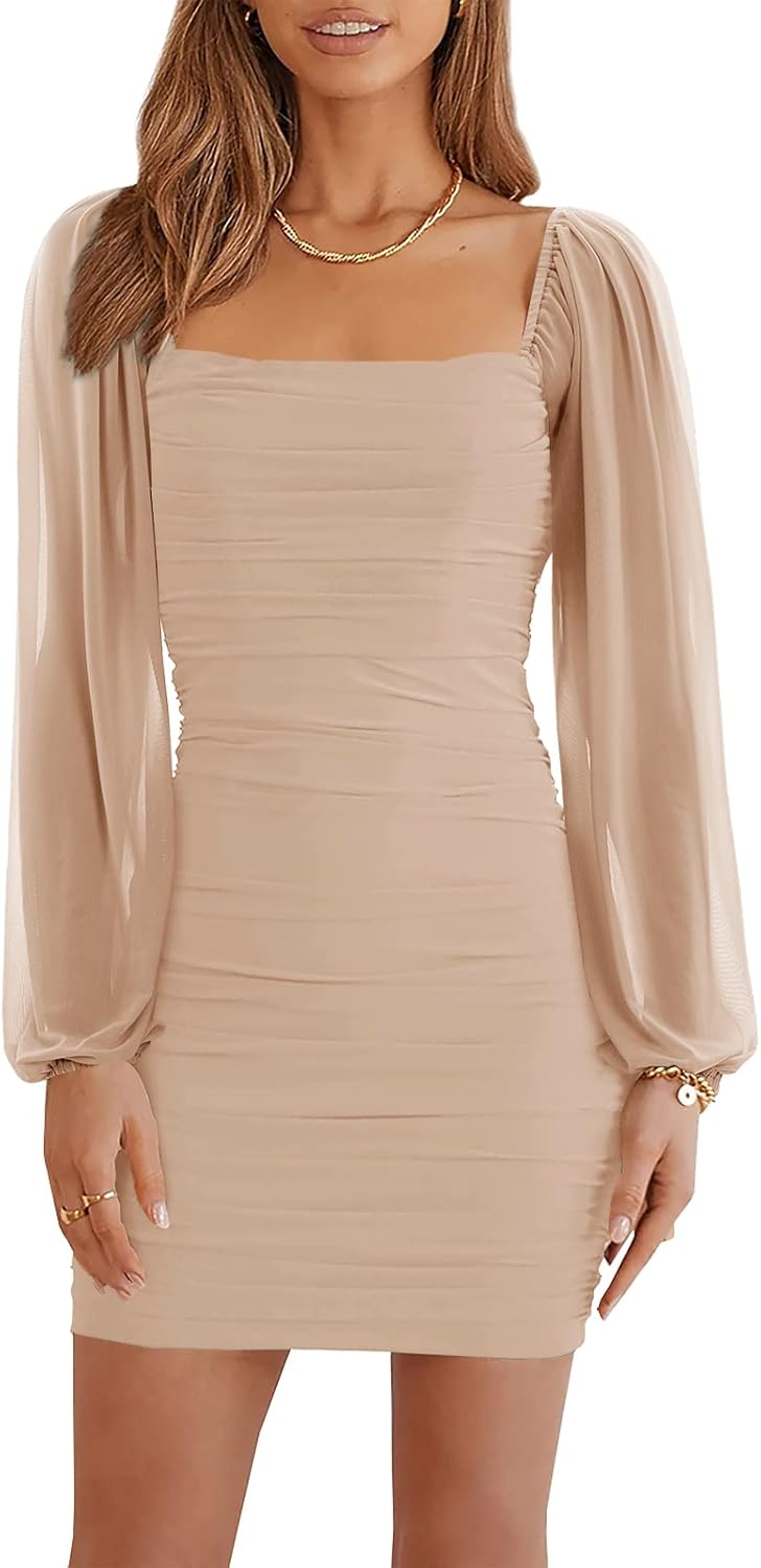 Wenrine Women's Mesh Long Sleeve Square Neck Ruched Party Club Cocktail Bodycon Mini Dress