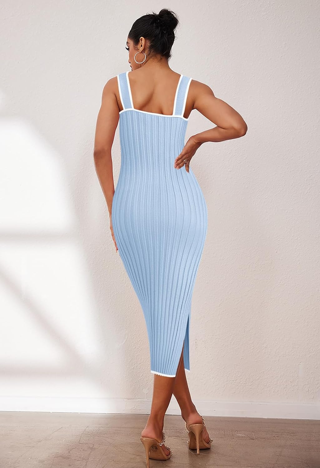 MEROKEETY Women's 2025 Summer Spring Bodycon Midi Dress Vacation Sleeveless Ribbed Knit Striped Party Sweater Dresses