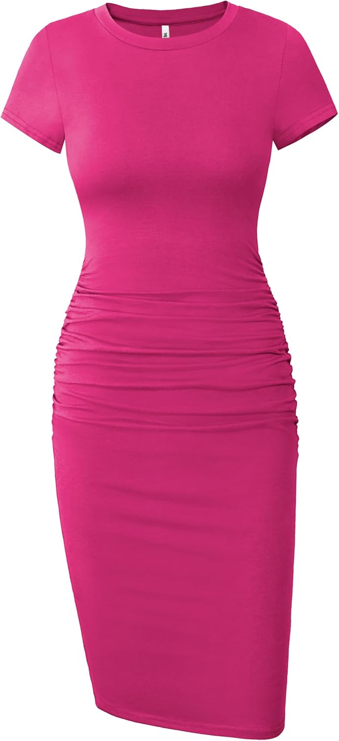 Missufe Women's Short Sleeve Ruched Casual Sundress Midi Bodycon T Shirt Dress