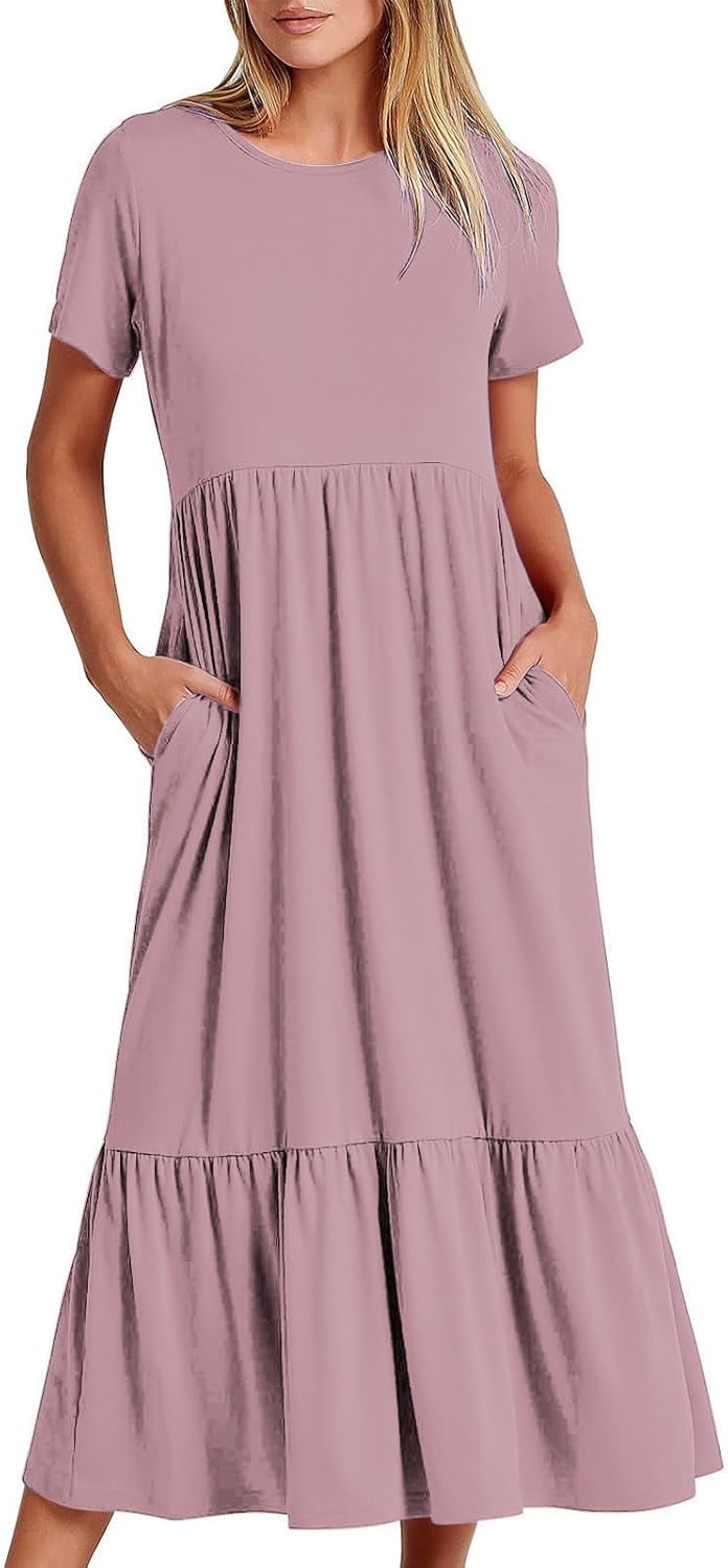 XUNRYAN Summer Dresses for Women 2024 Casual Calf Length Maxi Dress Pleated Flowy Tiered Swing Beach Sundress with Pockets