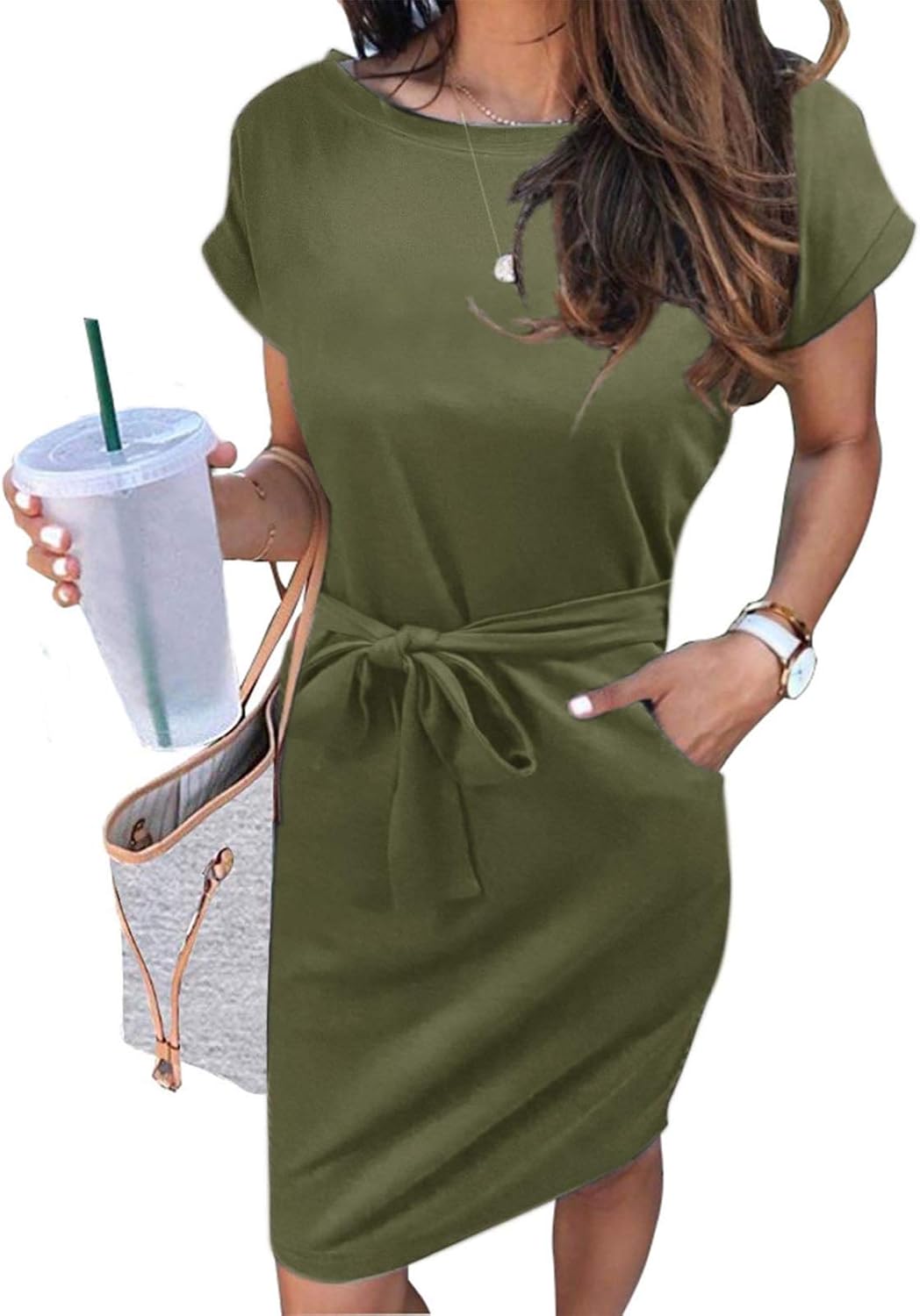 MEROKEETY Women's Summer Striped Short Sleeve T Shirt Dress Casual Tie Waist with Pockets
