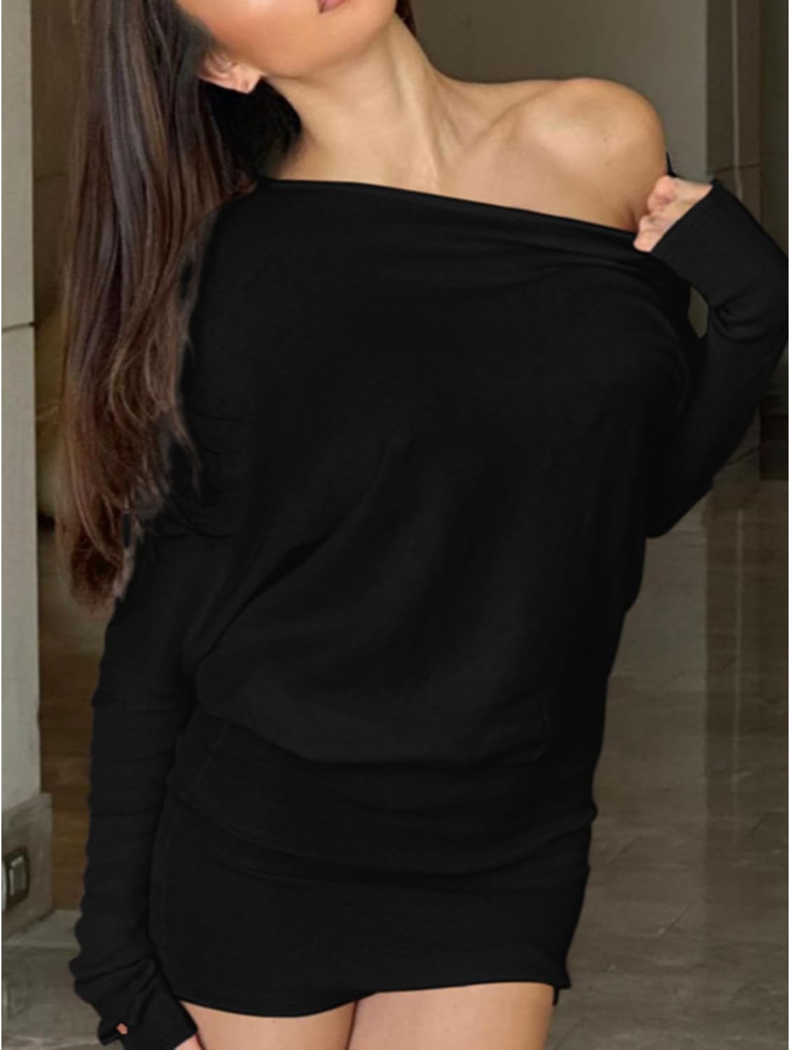 Loose Fit Sheer Dress Batwing Off The Shoulder Long Sleeve Mini Ruched Oversized Casual Streetwear Sexy Dress
