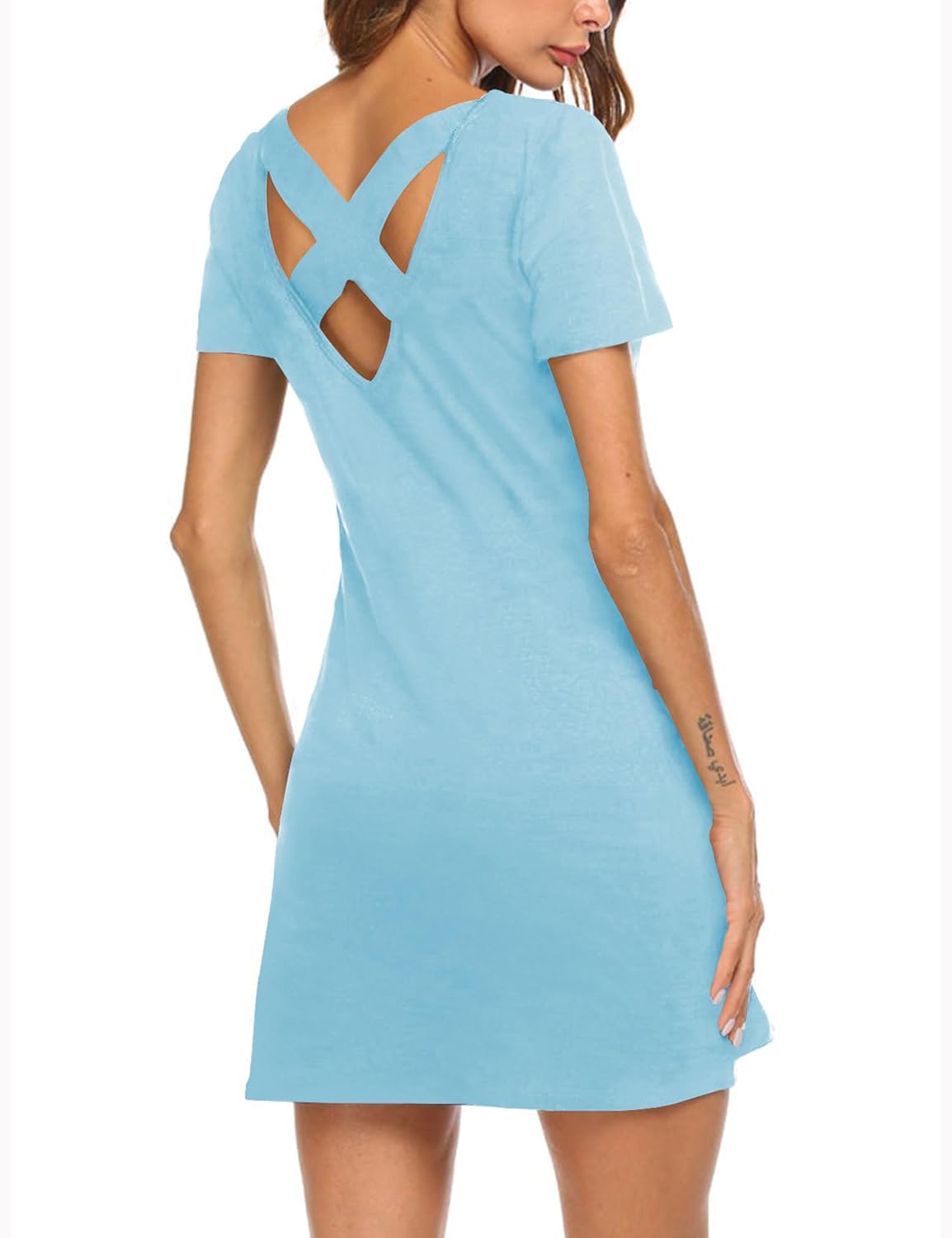 Feager Women's Casual Striped Criss Cross Short Sleeve T Shirt Dress