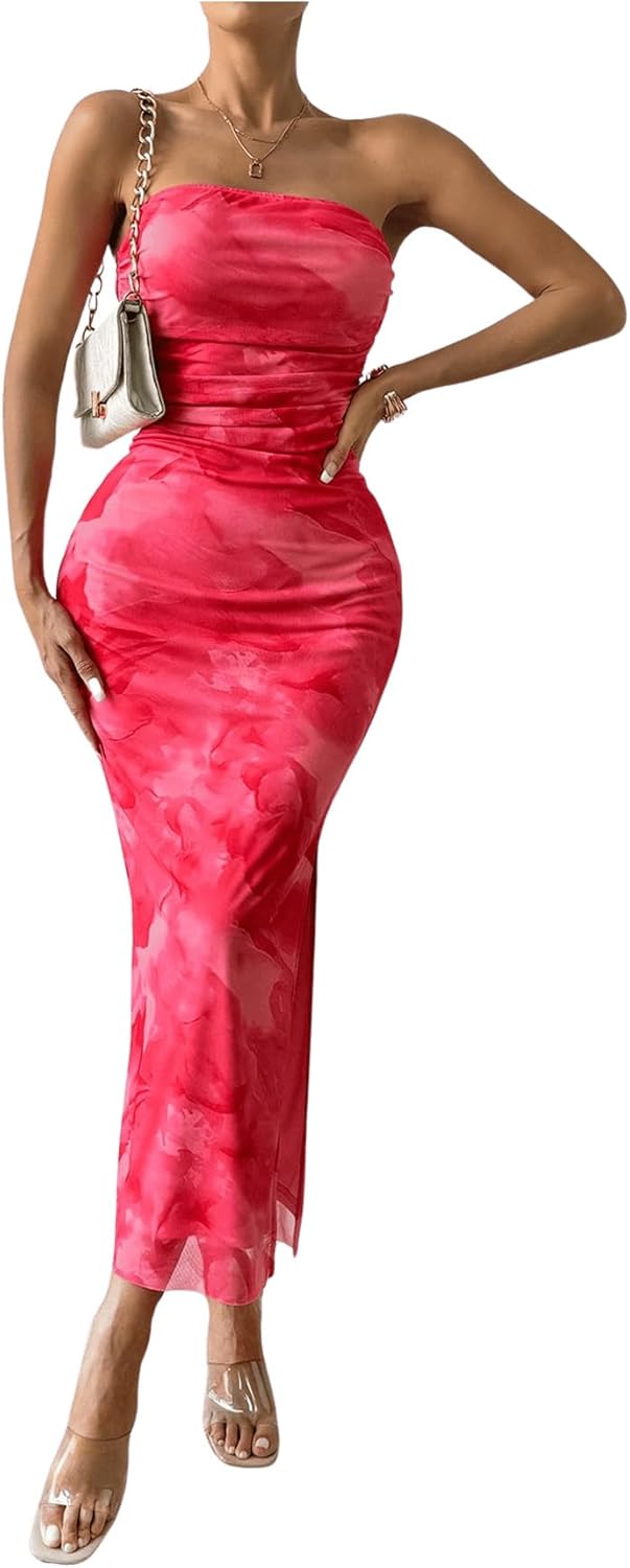 Milumia Women's Printed Strapless Tube Top Long Dress Slit Hem Sleeveless Bodycon Maxi Dresses