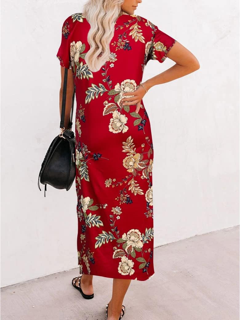 Naggoo Women's Short Sleeve Split Maxi Dress Casual Plain Tie Dye Print Tshirt Long Dresses with Pockets