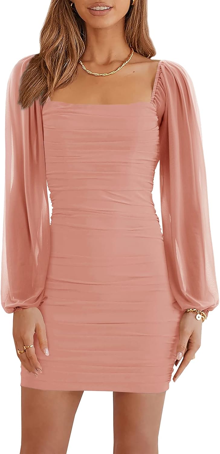 Wenrine Women's Mesh Long Sleeve Square Neck Ruched Party Club Cocktail Bodycon Mini Dress