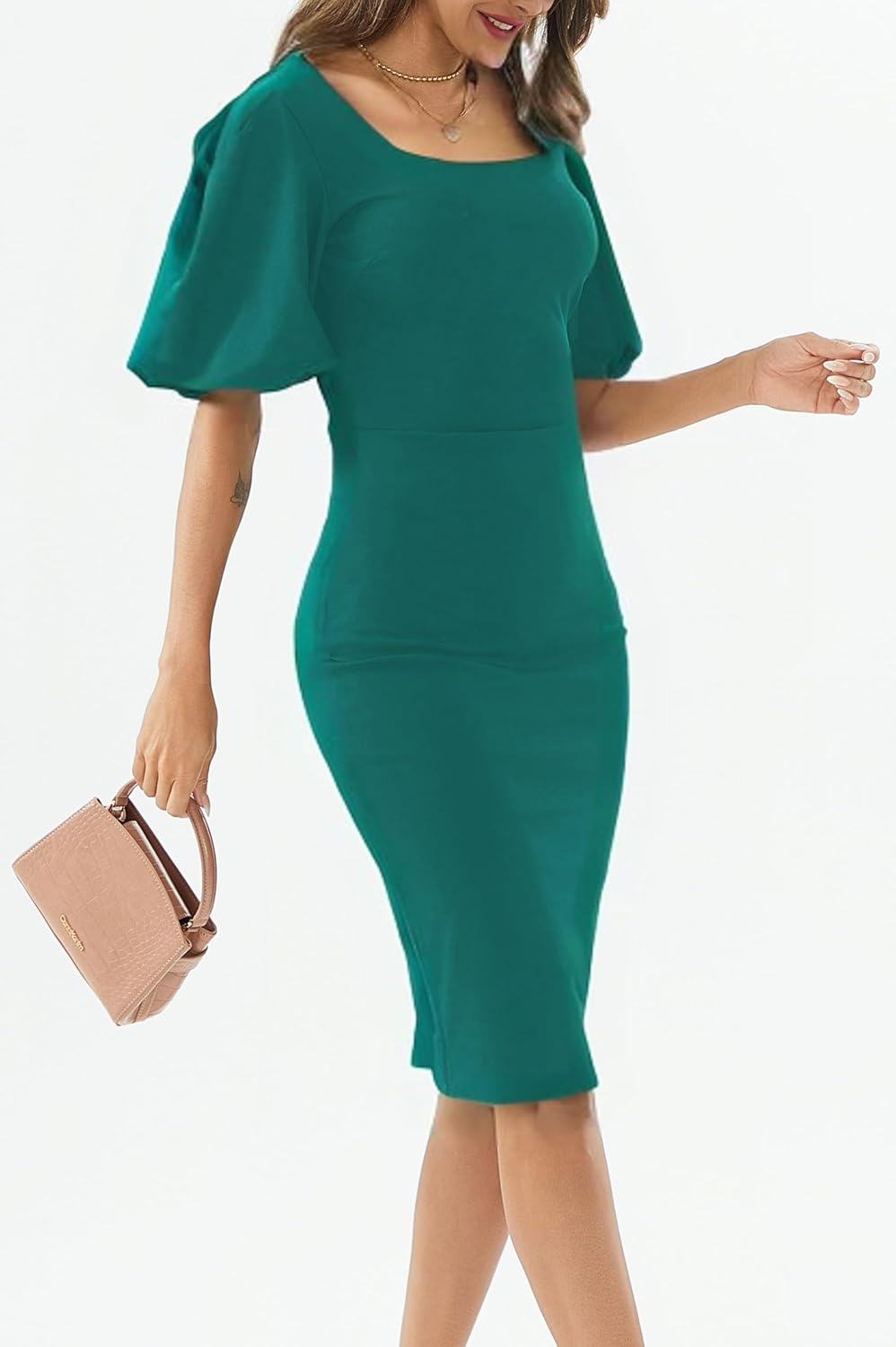 Womens Summer Dresses Square Neck Lantern Sleeve Bodycon Pencil Midi Dress