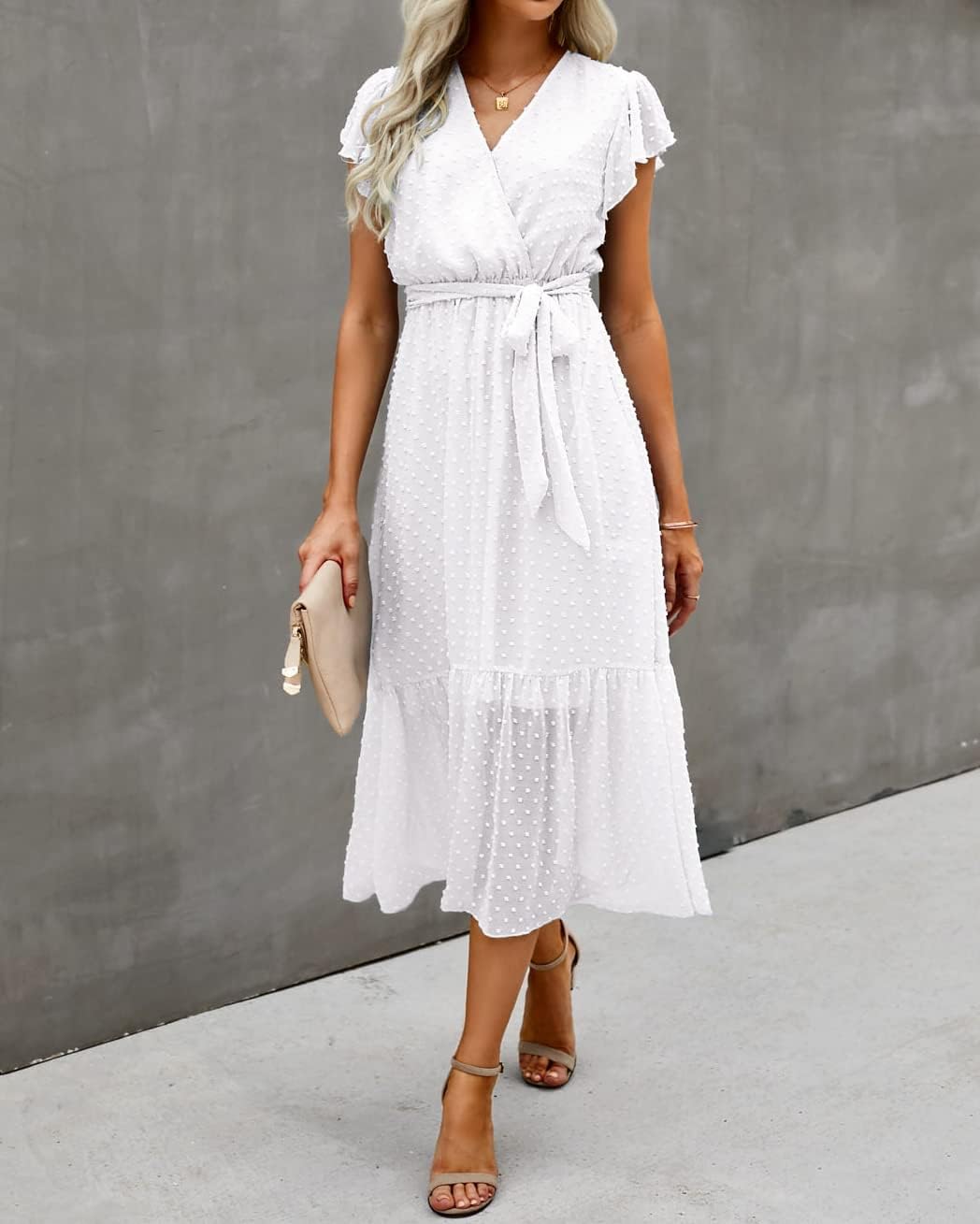BTFBM Women Summer Bohemian Floral Casual Wrap V Neck Ruffle Cap Sleeveless Belt A-Line Pleated Hem Midi Sun Dress White