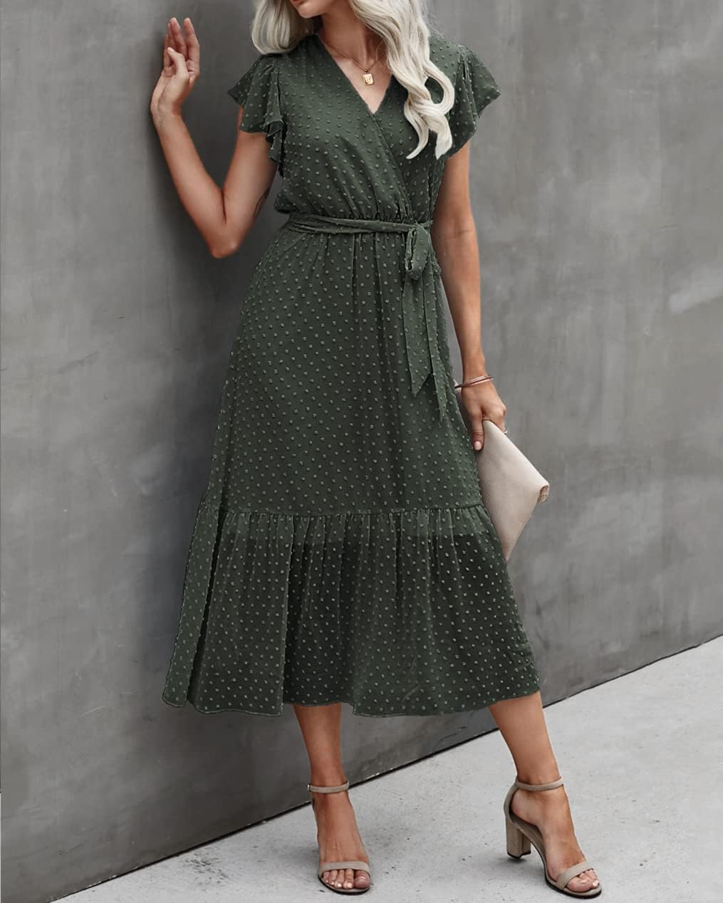BTFBM Women Summer Bohemian Floral Casual Wrap V Neck Ruffle Cap Sleeveless Belt A-Line Pleated Hem Midi Sun Dress White