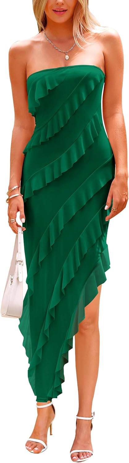 PRETTYGARDEN Womens Summer Maxi Dresses 2025 Strapless Tube Ruffle Asymmetrical Bodycon Party Cocktail Formal Long Dress