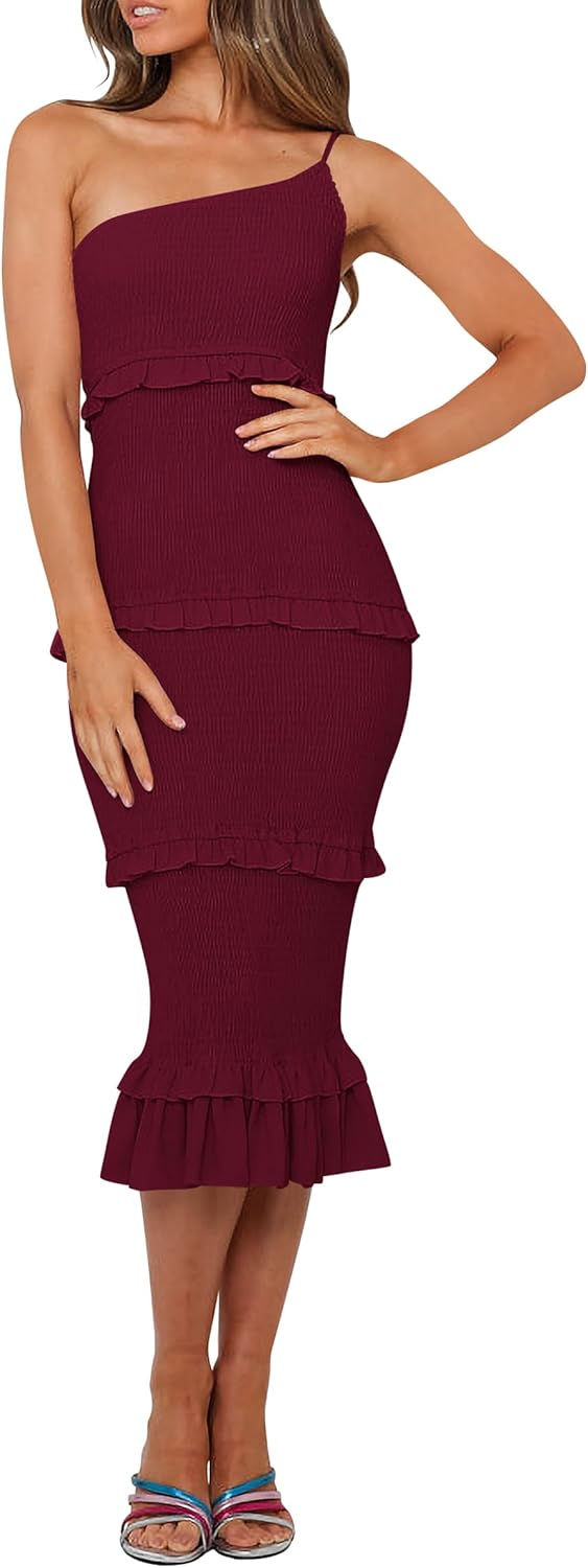 PRETTYGARDEN Women's Summer Midi Bodycon Dresses One Shoulder Strappy Tiered Ruffle Floral Boho Sun Dress