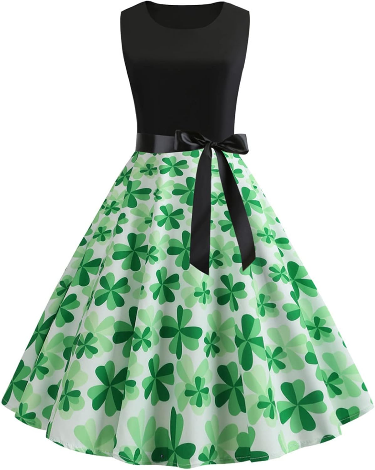 aihihe St Patricks Day Dress for Women A Line Pleated Hepburn Dress Lukcy Shamrock Print Irish Dress 2024 Vintage Dress