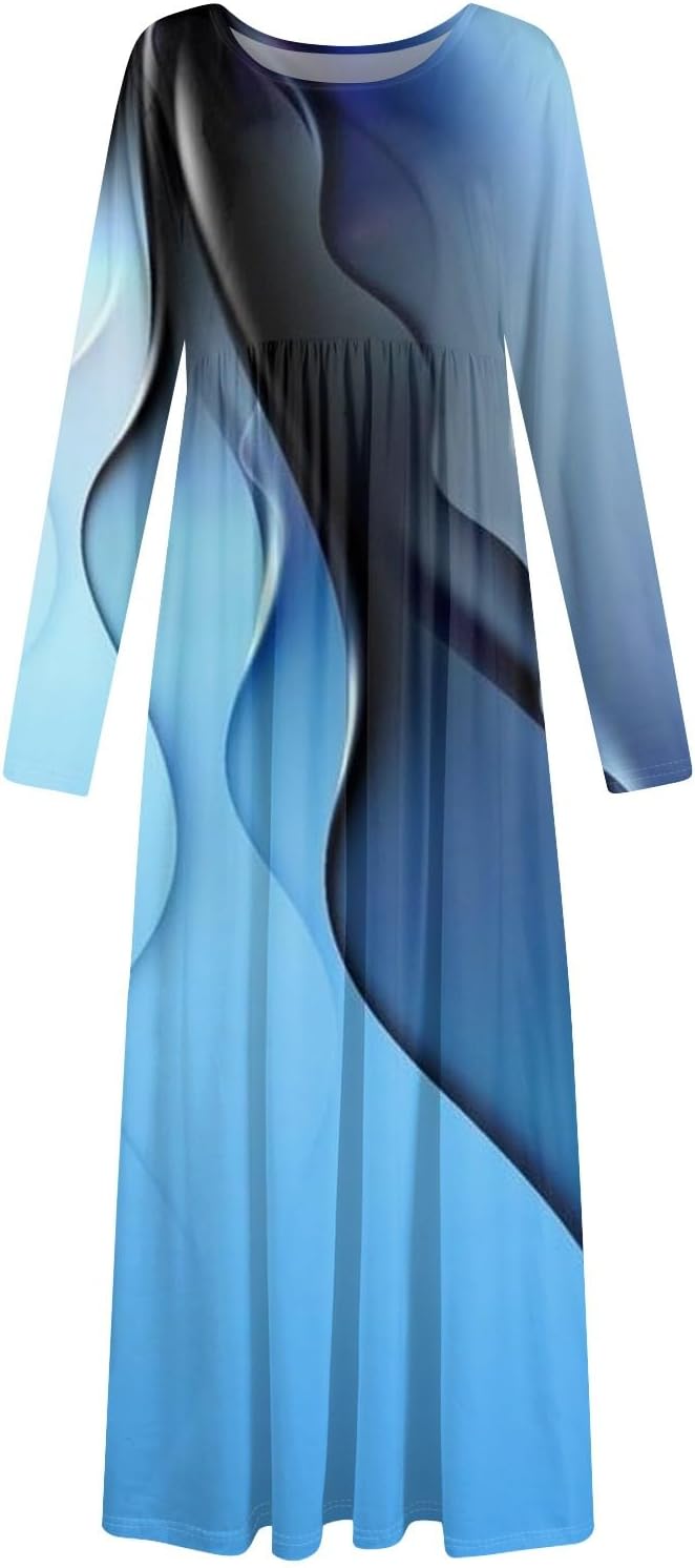Long Sleeve Maxi Dress for Women Elegant Crew Neck Flowy Swing Dresses Solid Color Wedding Guest Dresses