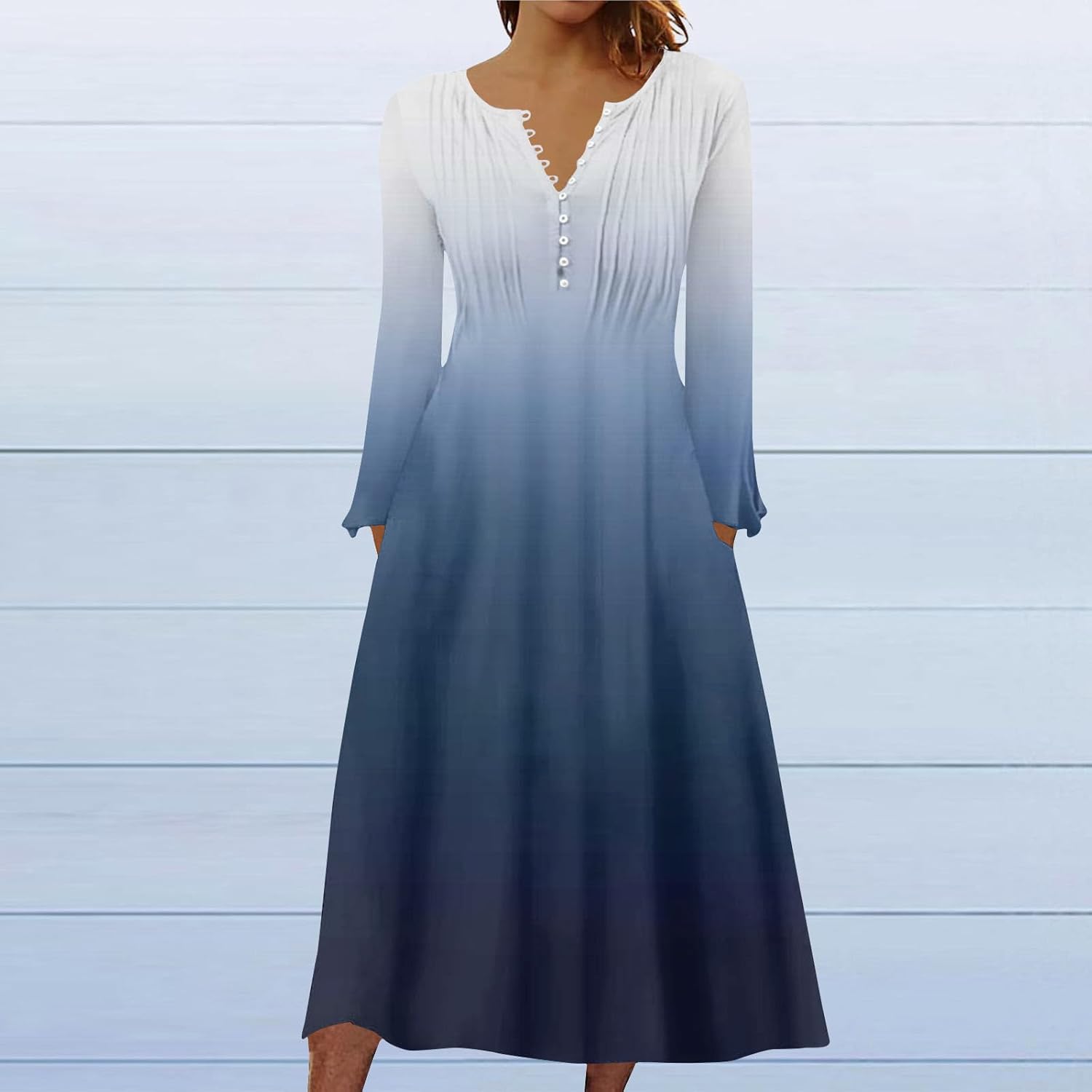 DOPOCQ Fall Women Dresses 2023 Long Sleeve V Neck Plus Size Maxi Dress Boho Dress High Waisted A-Line Dress with Pocket