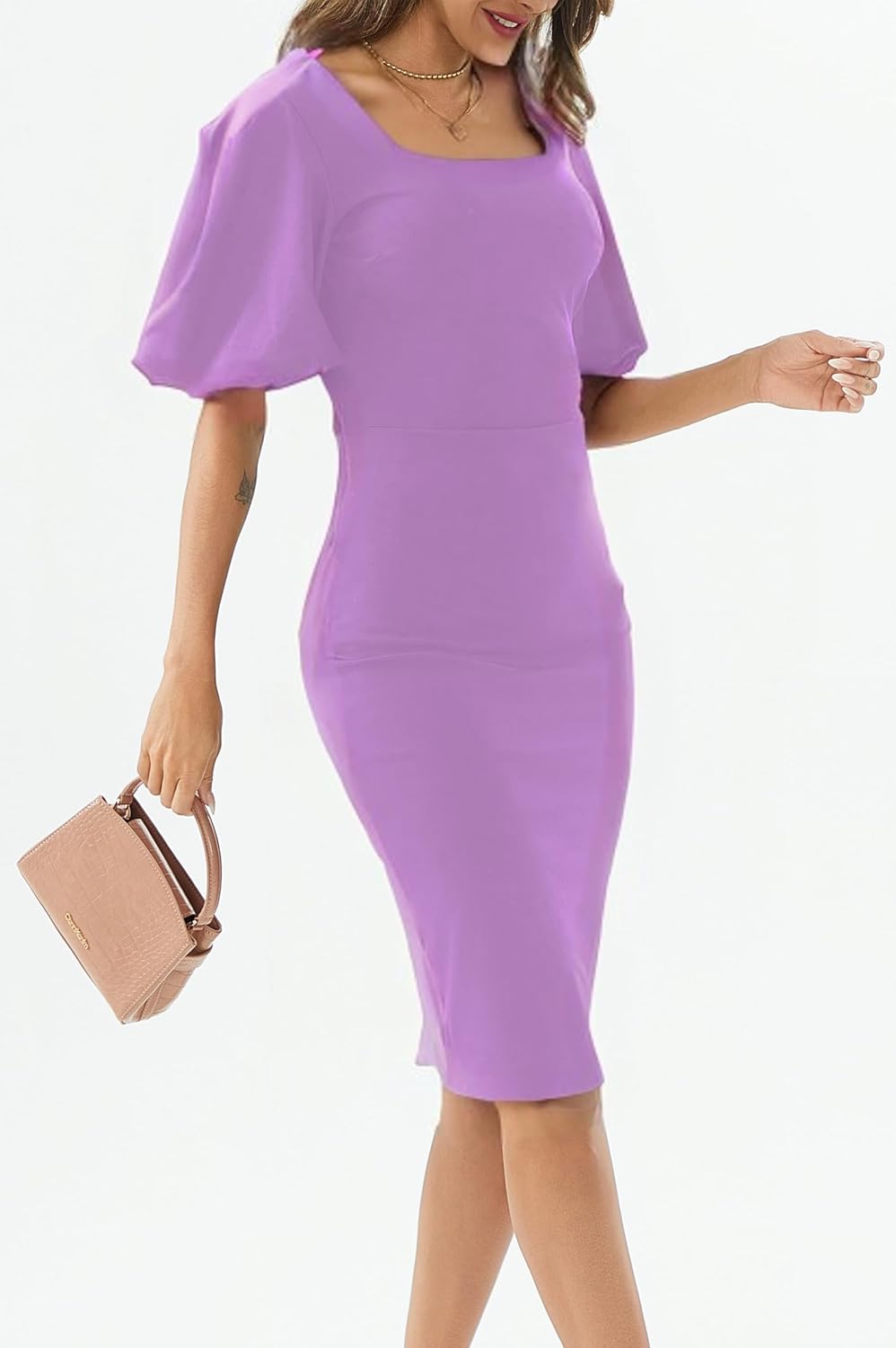 Womens Summer Dresses Square Neck Lantern Sleeve Bodycon Pencil Midi Dress