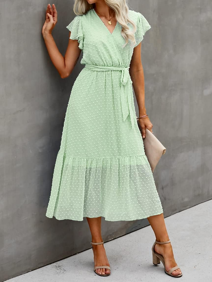 BTFBM Women Summer Bohemian Floral Casual Wrap V Neck Ruffle Cap Sleeveless Belt A-Line Pleated Hem Midi Sun Dress White