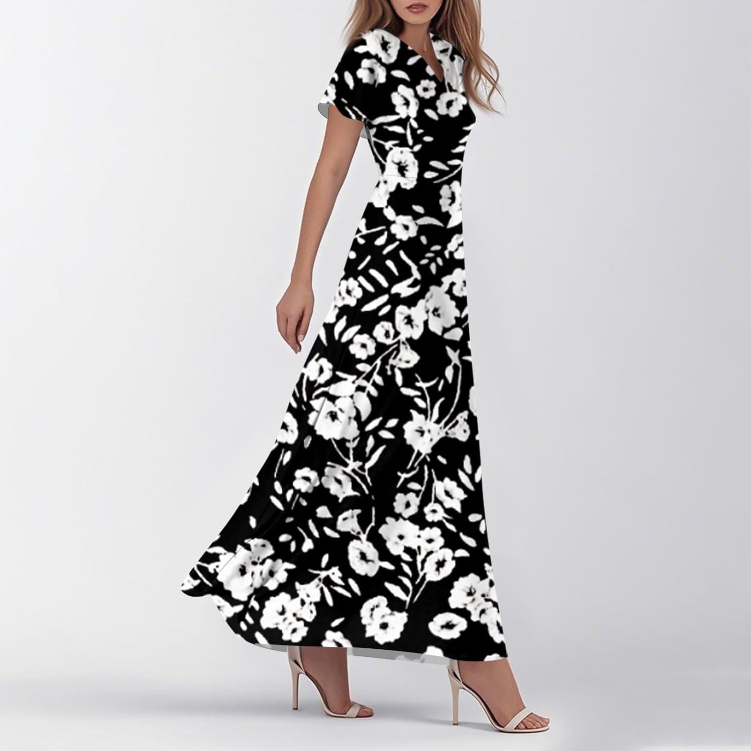 Womens Fashion V Neck Ruffle Short Sleeve Maxi Dress 2025 Summer Elegant Solid Color Flowy A Line Dresses