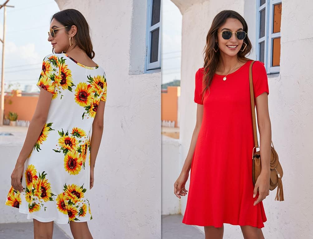 POPYOUNG 2025 Women's Summer Casual T-Shirt Dresses Crew Neck Beach Cover Up Sun Dress