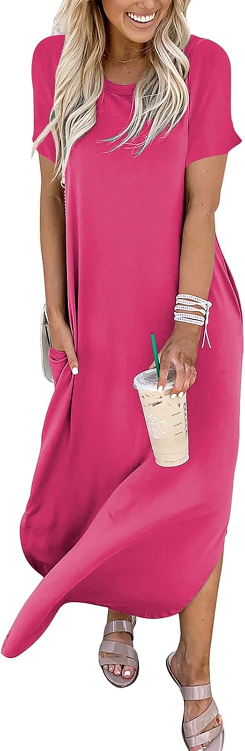 ANRABESS Women's Summer Casual Loose Short Sleeve Long T Shirt Dress Split Maxi Beach Sundress Travel Vacation Outfits