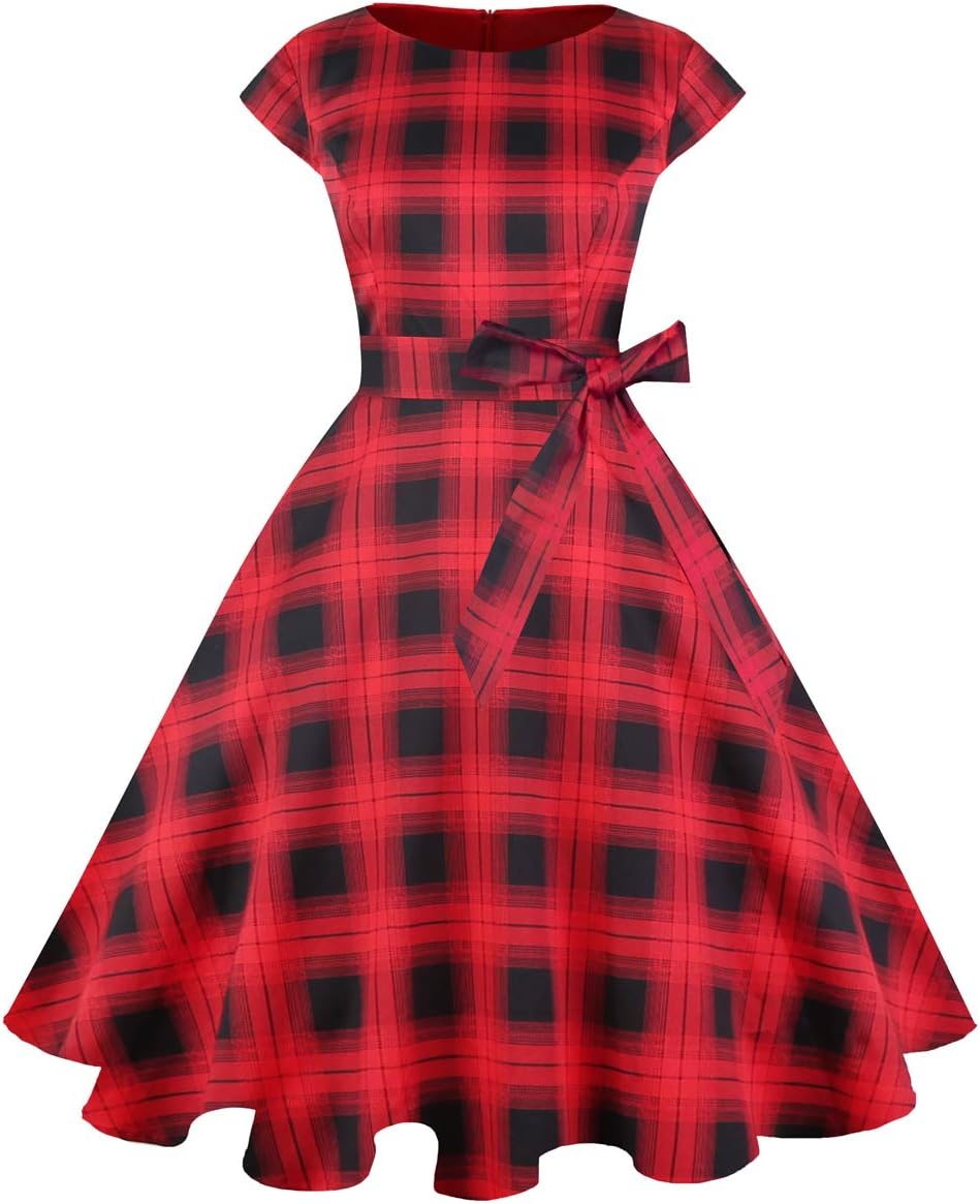 PUKAVT Women's 1950 Boatneck Cap Sleeve Vintage Swing Cocktail Party Dress with Pockets