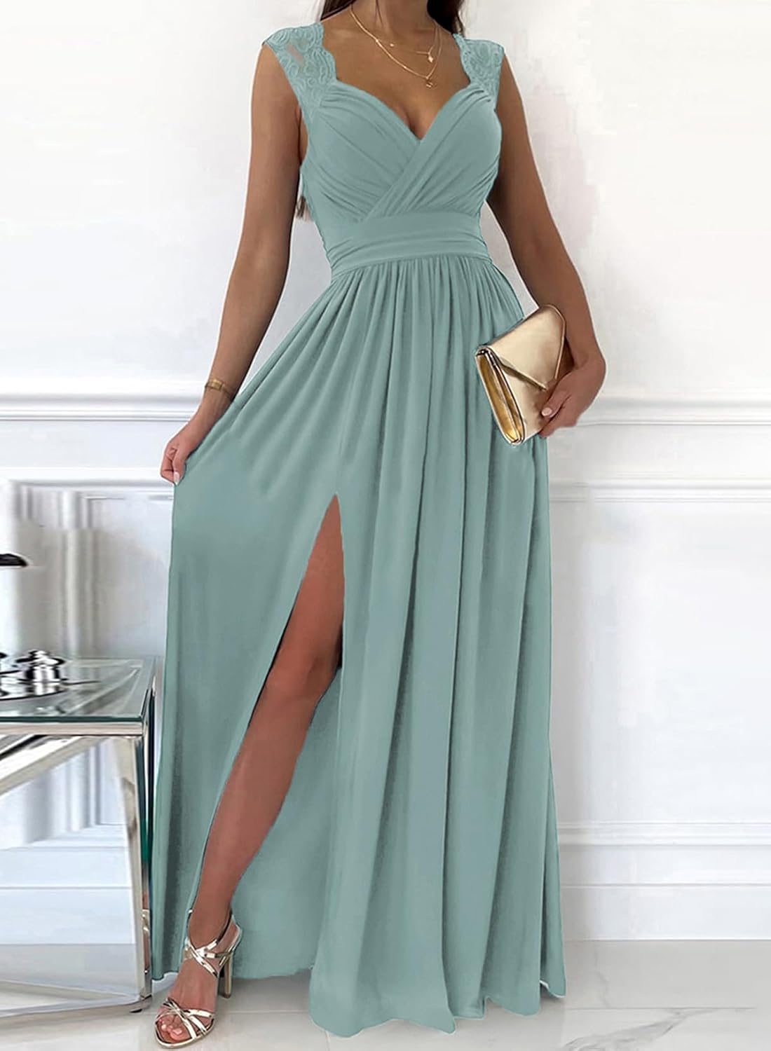 Dokotoo Womens 2025 Formal Dresses Wrap V-Neck Ruched Sexy Bridesmaid Wedding Guest Maxi Dresses