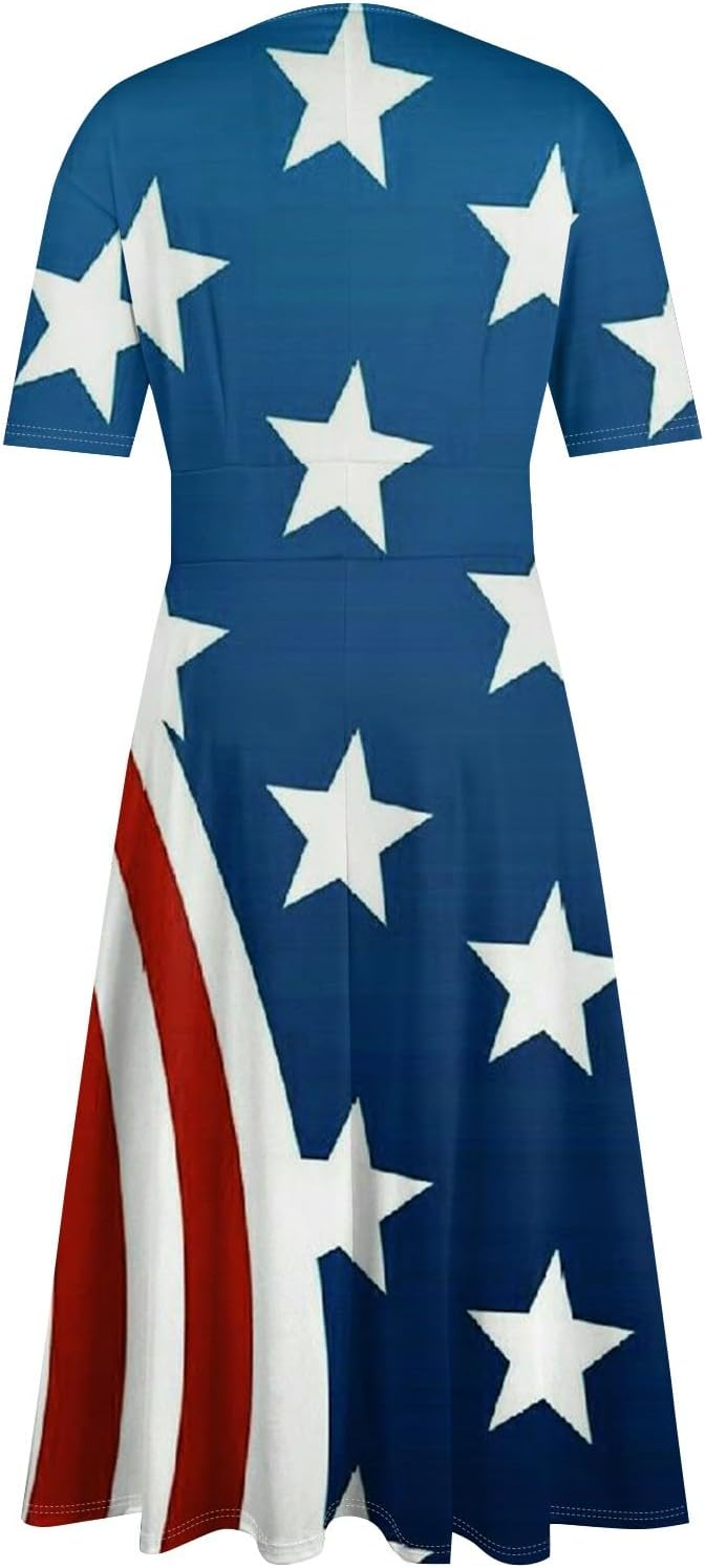 Women's Patriotic Star Print Midi Short Sleeve V-Neck Casual A-Line Dress for Summer Parties & Events